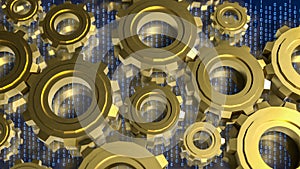 Digital Technology Concept with Golden Gears and Binary Code 3d render