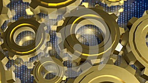 Digital Technology Concept with Golden Gears and Binary Code 3d render