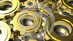 Digital Technology Concept with Golden Gears and Binary Code 3d render