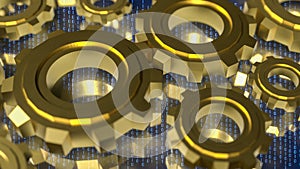 Digital Technology Concept with Golden Gears and Binary Code 3d render