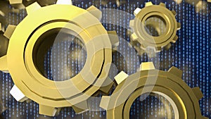 Digital Technology Concept with Golden Gears and Binary Code 3d render