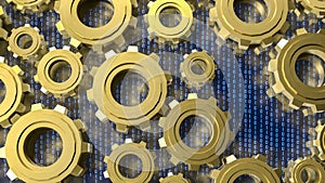 Digital Technology Concept with Golden Gears and Binary Code 3d render