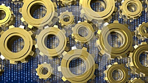 Digital Technology Concept with Golden Gears and Binary Code 3d render