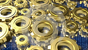 Digital Technology Concept with Golden Gears and Binary Code 3d render