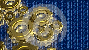 Digital Technology Concept with Golden Gears and Binary Code 3d render