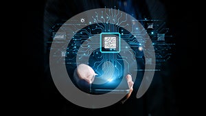 Digital Technology Concept with Smartphone Displaying Circuit Board Design and Data Visualizations, Hands Holding Device