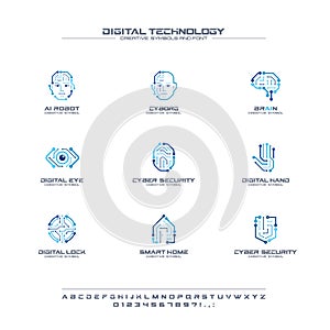 Digital technology creative symbols set, font concept. AI circuit brain abstract business logo. Cyborg face, head, smart