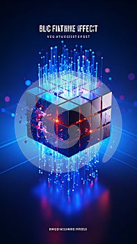 Digital technology cube with glowing fiber optic light streams symbolizing big data and network innovation