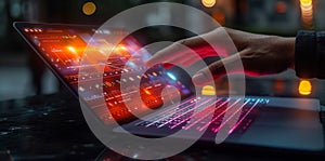 Digital technology, data processing and engineering, cloud computing concept. Computer programmer coding on laptop, database