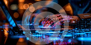 Digital technology, data processing and engineering, cloud computing concept. Computer programmer coding on laptop, database