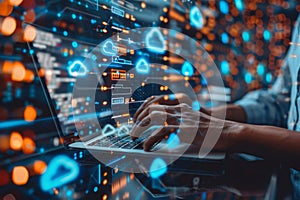 Digital technology, data processing and engineering, cloud computing concept. Computer programmer coding on laptop, database