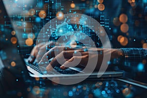 Digital technology, data processing and engineering, cloud computing concept. Computer programmer coding on laptop, database