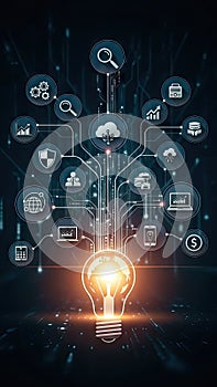 Digital technology and data visualization concept with light bulb and icons