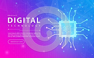 Digital technology electronic chip banner pink blue background concept with technology, microprocessor computer electric future