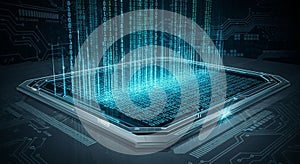 Digital technology featuring a microchip with glowing binary code