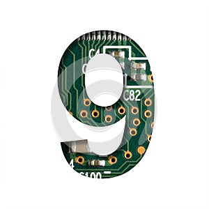 Digital technology font. Digit nine, 9 cut out of white on the printed digital circuit board with microprocessors and