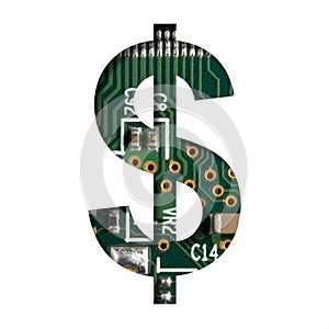 Digital technology font. Dollar money business symbol cut out of white on the printed digital circuit board with microprocessors