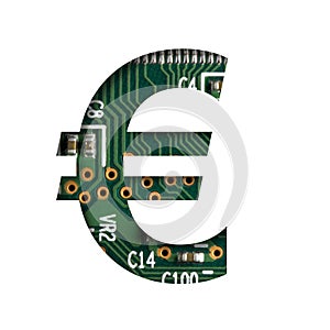 Digital technology font. Euro money business symbol cut out of white on the printed digital circuit board with microprocessors and