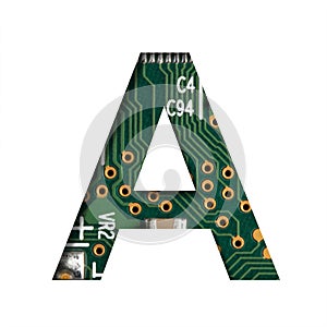 Digital technology font. The letter A cut out of white on the printed digital circuit board with microprocessors and