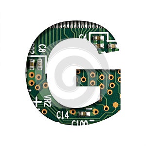 Digital technology font. The letter G cut out of white on the printed digital circuit board with microprocessors and