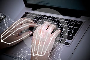 Digital technology. Hands on futuristic keyboard. cyborg hands on keyboard