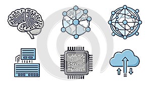 Digital Technology Icons: Brain, Network, Cloud, Chip, Data
