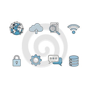 Digital technology icons representing cloud computing data security and global connectivity white background