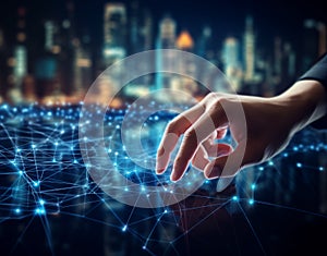 Digital technology, internet network connection concept. Finger touching on virtual screen, data exchange photo