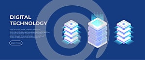 Digital technology landing page. Concept of big data processing, energy station of future, server room rack, data center isometric