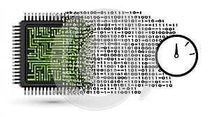 Digital Technology Microchip Processing Data with Binary Code and Speedometer