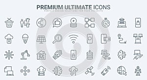 Digital technology, network communication, automation and equipment thin line icons set