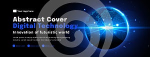 Digital technology poster cover, World map space blue background, cyber information, abstract communication, innovation future