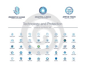 Digital technology and protection creative symbols set. Security lock abstract business logo concept. Camera eye, shield