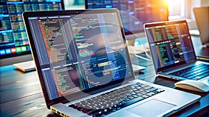 Digital technology, software development concept. Coding programmer, software engineer working on laptop