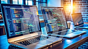 Digital technology, software development concept. Coding programmer, software engineer working on laptop
