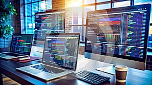 Digital technology, software development concept. Coding programmer, software engineer working on laptop