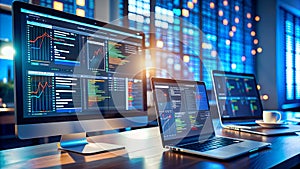 Digital technology, software development concept. Coding programmer, software engineer working on laptop