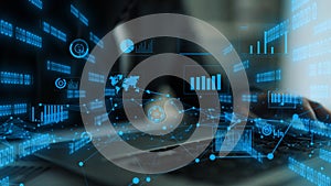 Digital Technology Transformation with Data Visualization and Business Analytics Overlaid on Laptop in Smart Office