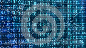 Digital Technology World Map Gear Binary Code Background