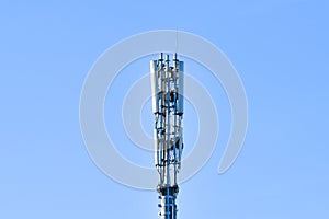 Digital telephone antenna. GSM tower on a blue background. 5g 4g