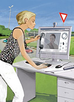 Digital telephony. The girl climbs a young man on a video connection from a stationary computer. Workplace office space against a
