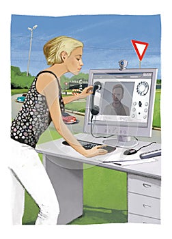 Digital telephony. Girl climbs a young man on a video connection from a stationary computer. Workplace office space against a