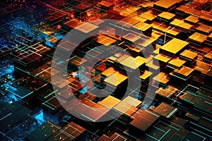 Fusion of geometric shapes, metallic surfaces, and illuminated lines. Generative AI