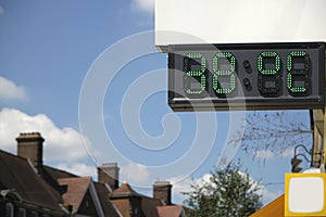 A digital thermometer in London showing the temperatures during the UK heat wave