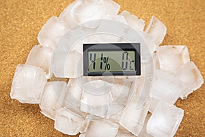 Digital thermometer for measuring air temperature and humidity against the background of frozen ice
