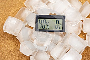 Digital thermometer for measuring air temperature and humidity against the background of frozen ice