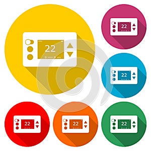 Digital thermostat icon or logo, color set with long shadow