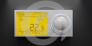 Digital thermostat on wall, Home heating temperature control. Energy efficiency device. 3d render