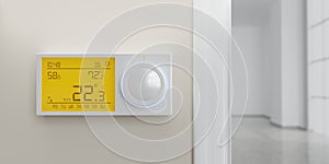 Digital thermostat on white wall. Home heat temperature control device close up. 3d render