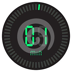 The digital timer 1 minute. electronic stopwatch with a gradient dial starting vector icon, clock and watch, timer, countdown.